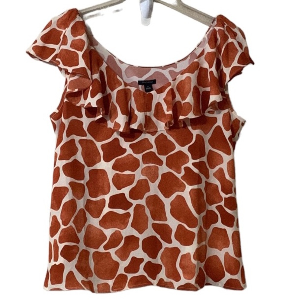 Ann Taylor Giraffe Print Ruffle Neck Top Size Medium - Picture 3 of 11